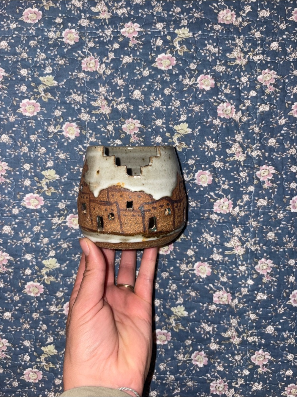 Handmade Rustic Brown and Cream Ceramic Pueblo Village Tealight Holder
